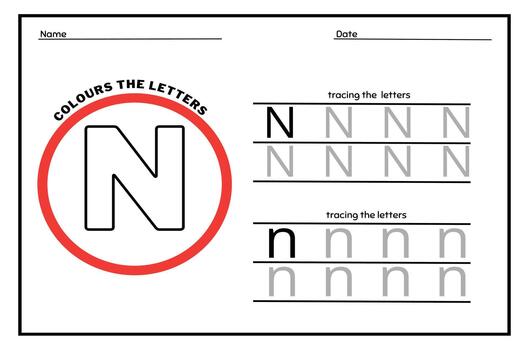 Learn the Letter N. Tracing Practice Page. Developing skills of writing. paper ready to print. vector