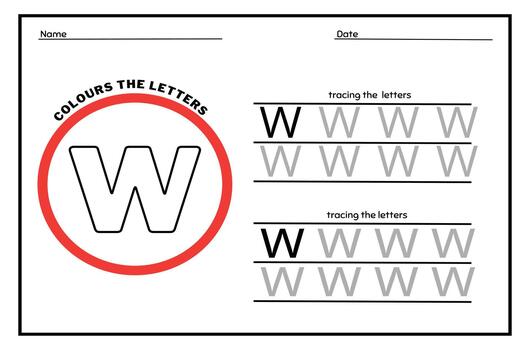 Learn the Letter W. Tracing Practice Page. Developing skills of writing. paper ready to print. vector