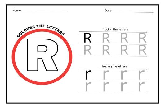 Learn the Letter R. Tracing Practice Page. Developing skills of writing. paper ready to print. vector