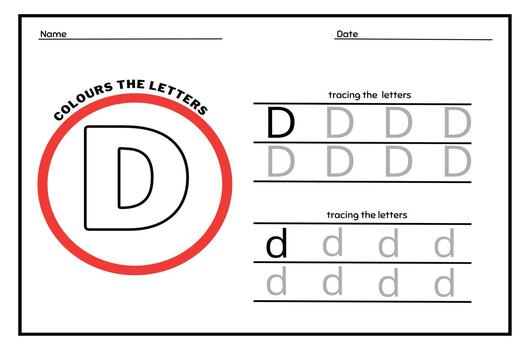 Learn the Letter D. Tracing Practice Page. Developing skills of writing. paper ready to print. vector