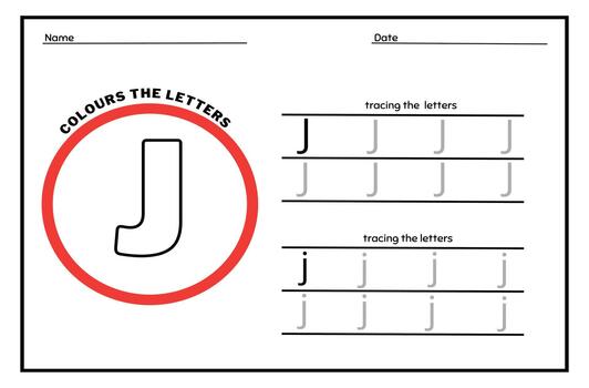 Learn the Letter J. Tracing Practice Page. Developing skills of writing. paper ready to print. vector