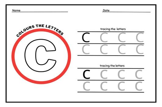 Learn the Letter C. Tracing Practice Page. Developing skills of writing. paper ready to print. vector
