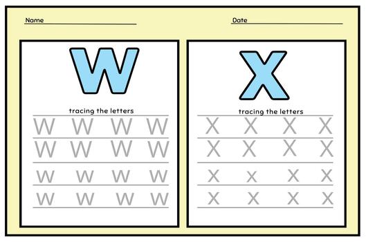 Alphabet Letter W. X. Tracing Worksheet. Alphabet letters tracing worksheet with all alphabet letters. vector