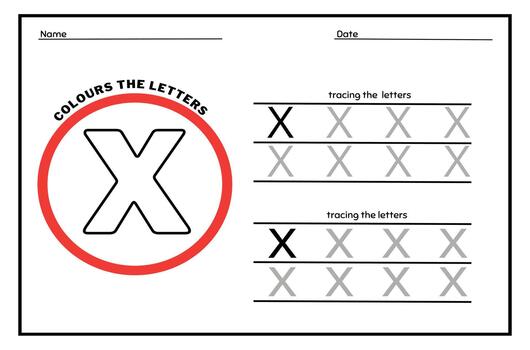 Learn the Letter X. Tracing Practice Page. Developing skills of writing. paper ready to print. vector
