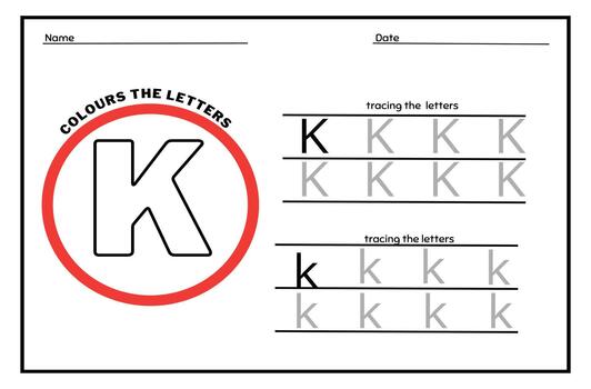 Learn the Letter K. Tracing Practice Page. Developing skills of writing. paper ready to print. vector