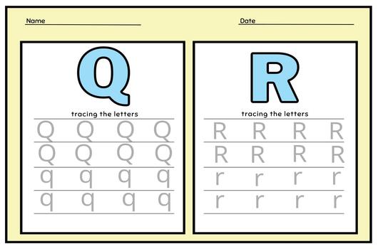 Alphabet Letter Q. R. Tracing Worksheet. Alphabet letters tracing worksheet with all alphabet letters. vector