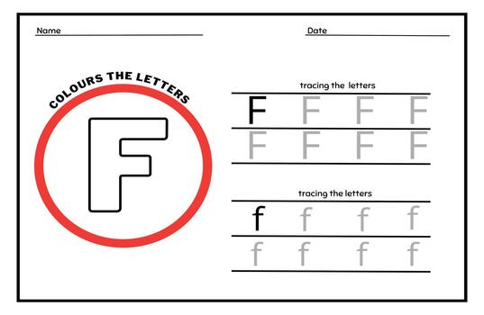 Learn the Letter F. Tracing Practice Page. Developing skills of writing. paper ready to print. vector