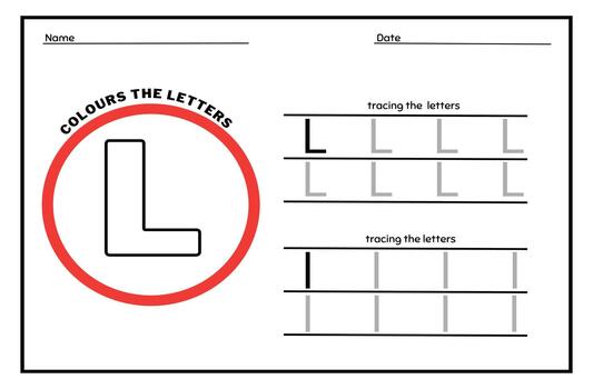Learn the Letter L. Tracing Practice Page. Developing skills of writing. paper ready to print. vector