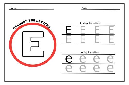 Learn the Letter E. Tracing Practice Page. Developing skills of writing. paper ready to print. vector