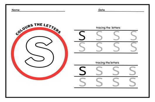 Learn the Letter S. Tracing Practice Page. Developing skills of writing. paper ready to print. vector