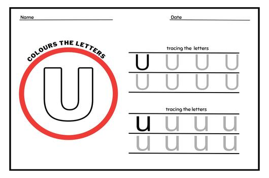 Learn the Letter U. Tracing Practice Page. Developing skills of writing. paper ready to print. vector