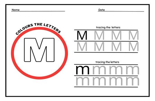 Learn the Letter M. Tracing Practice Page. Developing skills of writing. paper ready to print. vector