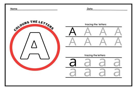 Learn the Letter A. Tracing Practice Page. Developing skills of writing. paper ready to print. vector