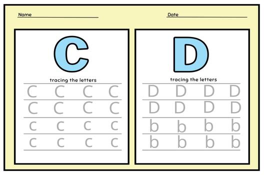 Alphabet Letter C. D. Tracing Worksheet. Alphabet letters tracing worksheet with all alphabet letters. vector