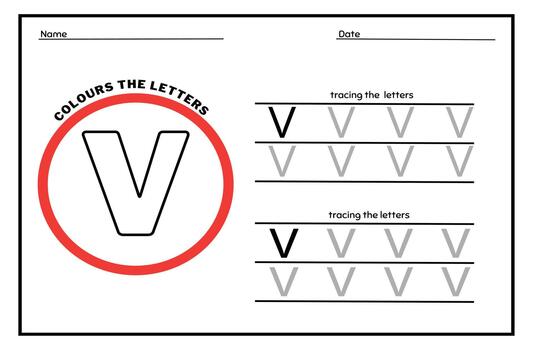 Learn the Letter V. Tracing Practice Page. Developing skills of writing. paper ready to print. vector