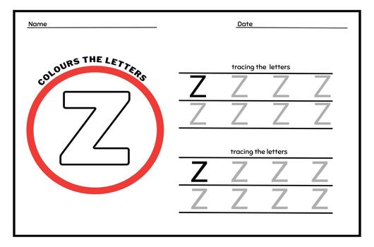 Learn the Letter Z. Tracing Practice Page. Developing skills of writing. paper ready to print. vector