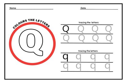 Learn the Letter Q. Tracing Practice Page. Developing skills of writing. paper ready to print. vector
