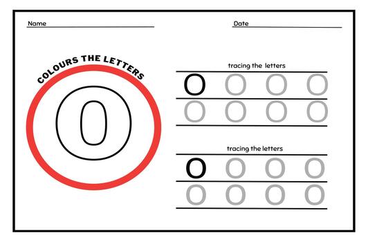 Learn the Letter O. Tracing Practice Page. Developing skills of writing. paper ready to print. vector