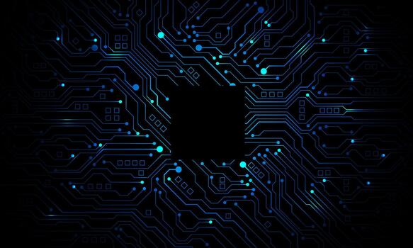 Abstract blue circuit board technology connected lines electronics elements computer motherboard chip processor semiconductor digital on black vector