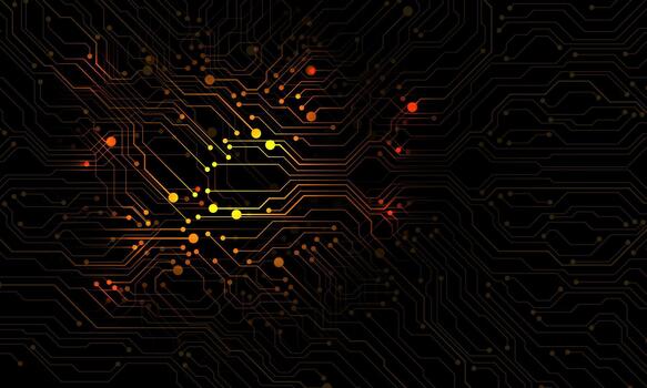 Abstract yellow light circuit board technology connected lines electronics elements computer motherboard chip processor semiconductor digital on black background vector