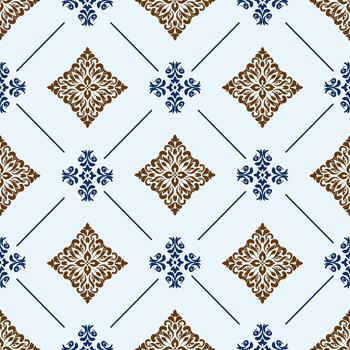 Classic blue and brown damask pattern with symmetrical motifs and clean geometric spacing, ideal for decorative design vector