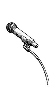 sketch of a dynamic microphone on a stand with a cable. Vintage line art vector