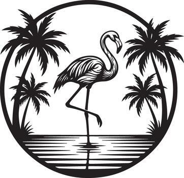 Flamingo standing in water surrounded by palm trees within a circular frame, tropical summer exotic bird illustration vector