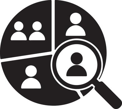 Target audience segmentation with magnifying glass icon for customer profiling and market research analysis diagram. user selection. vector