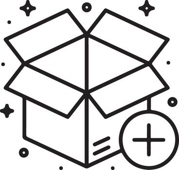 Empty open carton with plus icon, ideal for e-commerce, logistics, adding to cart, stock management, and new parcel concept. vector