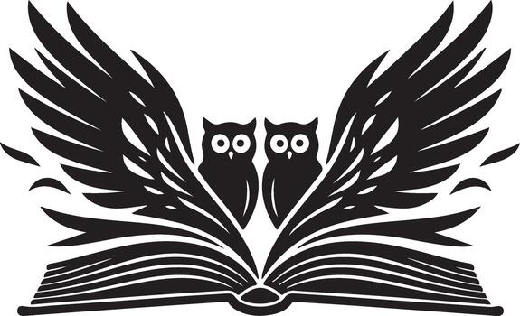 Two abstract owls with expansive wings gracefully emerging from an open book, symbolizing wisdom, knowledge, and educational exploration. vector