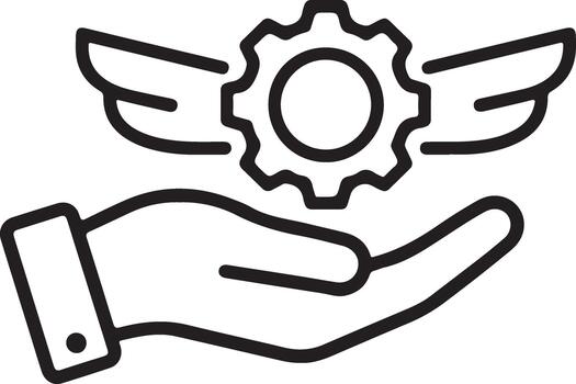 Hand holding a winged gear icon illustrating swift service, optimal performance, advanced technology, and highly efficient business solutions. vector
