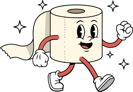Happy retro cartoon toilet paper roll mascot illustration walking confidently with sparkling clean vibes, representing hygiene and freshness concepts. vector