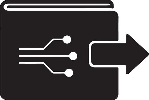 Digital book with circuit board lines and a right-pointing arrow symbolizing electronic data transfer and online learning vector