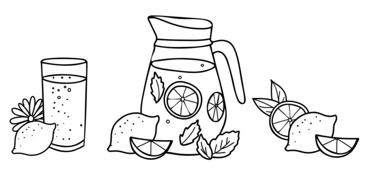 Lemonade compositions set. Jug and Glasses, Lemon Fruit and Cut Citrus Slices. Summer refreshment beverage with Lemon and mint. Hand drawn illustration in Doodle style isolated on a background vector