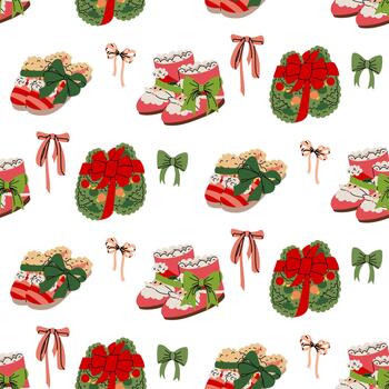 Seamless pattern with cozy Christmas slippers tied with bows like a gift under the tree. Flat texture. Colorful flat print in scribble style for festive fabric, wrapping paper, or background vector