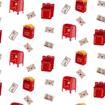 Seamless pattern with various Christmas red mailboxes and envelopes with letters to Santa Claus. Flat texture of colored boxes on the theme of letters for gifts. For festive fabric, wrapping paper vector