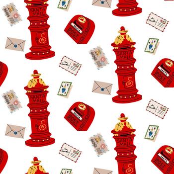 Seamless pattern with various Christmas postboxes, letters, and stamps. Flat color texture on the theme of a letter for Santa Claus. flat style print for holiday fabric, wrapping paper, background. vector