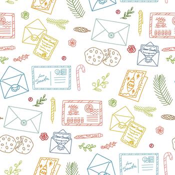 Seamless outline pattern with Christmas letters and envelopes addressed to Santa Claus. Writing letters. Line art scribble print for festive wrapping paper or digital backgrounds. vector