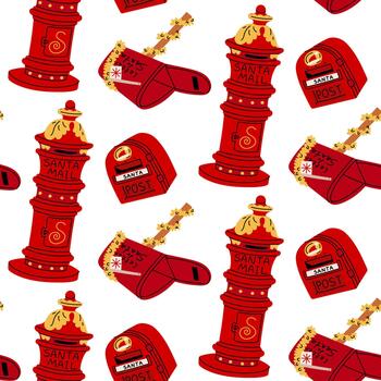 Seamless pattern with cute Christmas mailboxes with mail for Santa. Red and yellow variety of flat mailboxes in doodle style and seamless flat chaotic texture. For festive fabric, packaging vector