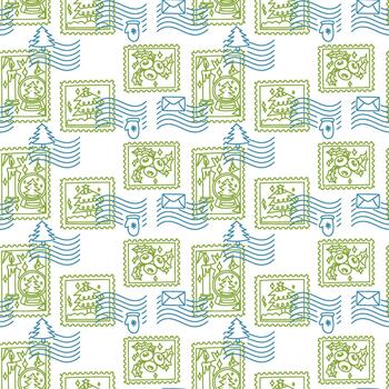 sin costura contorno modelo de Navidad verde sellos y azul ondulado matasellos eso caracteristicas un Navidad árbol, un carta, y un mitón. Perfecto para festivo embalaje y creando un línea Arte antecedentes vector