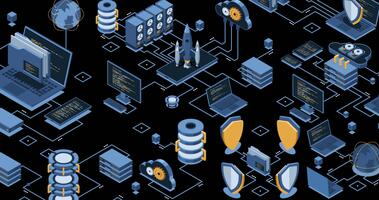 isometrisk data nätverk förvaltning animation. moln lagring data och synkronisering av enheter. nätverk, databas, moln lagring. isometrisk teknologi. transparent med alfa kanal video