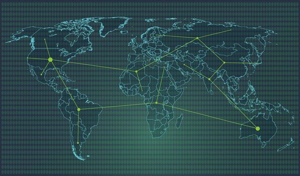 Global network connections displayed on a digital world map with green lines and binary code in the background vector