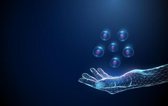 Digital hand with floating atoms vector