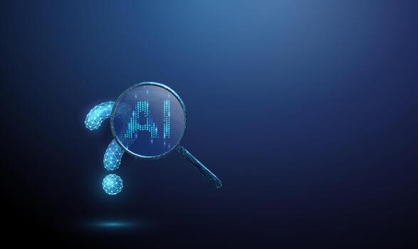 pregunta marca debajo aumentador vaso con ai texto adentro. impulsado por ia problema resolviendo, datos análisis, modelo reconocimiento, computacional inteligencia concepto. vector