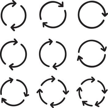 Diverse set of minimalist circular arrow symbols illustrating concepts of recycling, refresh, loop, and continuous process for various digital interfaces and web applications vector