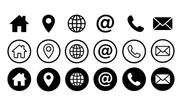 Contact us icon set showing home, location, globe, email, and phone symbols in three different styles. vector
