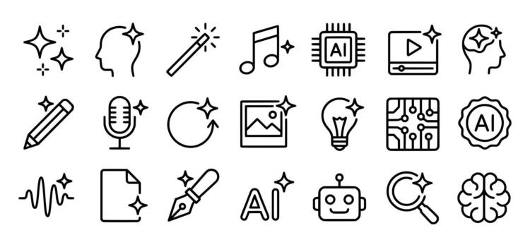 AI-powered creativity and generative content line icon set for design and digital tools. vector