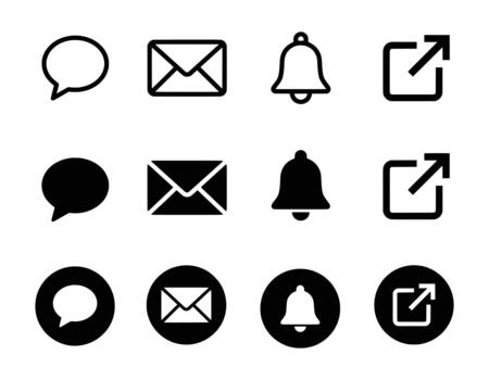 conjunto de comunicación íconos habla burbuja, correo sobre, notificación campana, y externo enlace flecha. vector