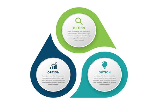 3 Option Infographic with Circular Icons and Teardrop Backgrounds in Green, Blue, and Teal vector