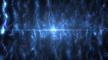 digital partikel vågor utstråla ljus och ström av data poäng, stor data visualisering, trogen eller teknologisk abstrakt bakgrund. sömlös slinga animation. video